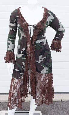 Marrika Nakk Camo Camouflage Brown Lace Duster Cardigan Dress Corset Size M